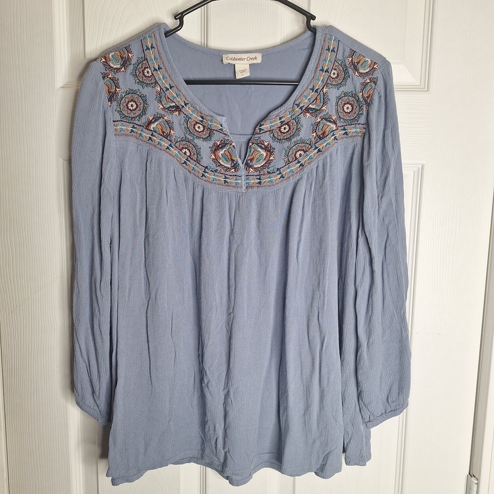 Coldwater Creek Blue Blouse with Embroidery Size Large - Picture 1 of 7